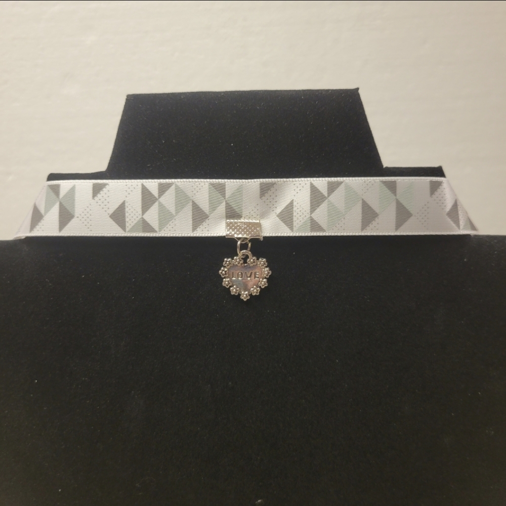 Handcrafted Silver, Gray, and White Choker Necklace with a Love Heart Charm